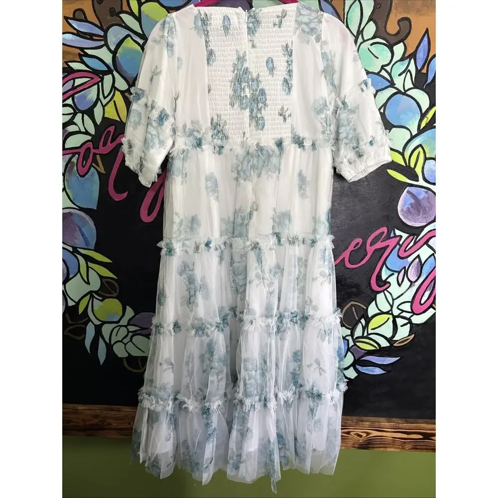 K+K Modest Bluebell Reverie Dress, White And Blue, Size 10/12